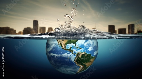 Global water crisis illustration design, with world map background in water globe