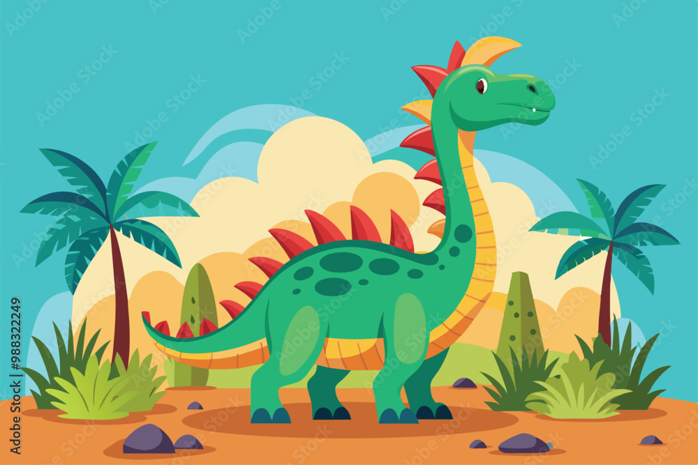 Naklejka premium A vibrant, customizable illustration features a friendly dinosaur surrounded by lush vegetation and towering trees in a prehistoric setting.