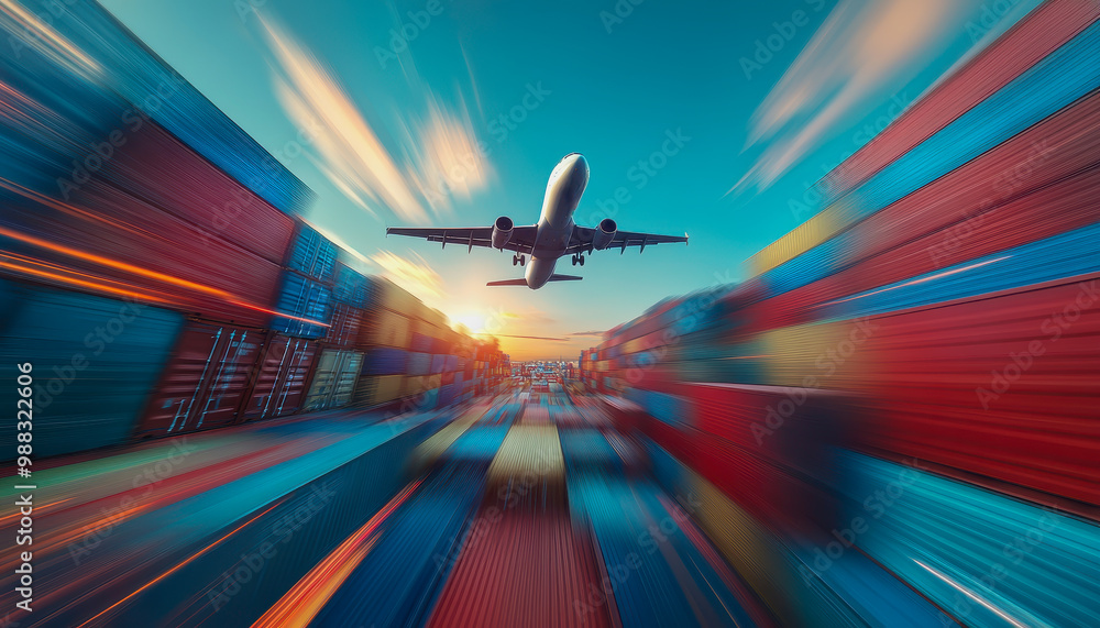 Plane flying over colorful containers in a bright sky symbolizing global trade and logistics Plane flying over colorful containers in a bright sky symbolizing global trade and logistics