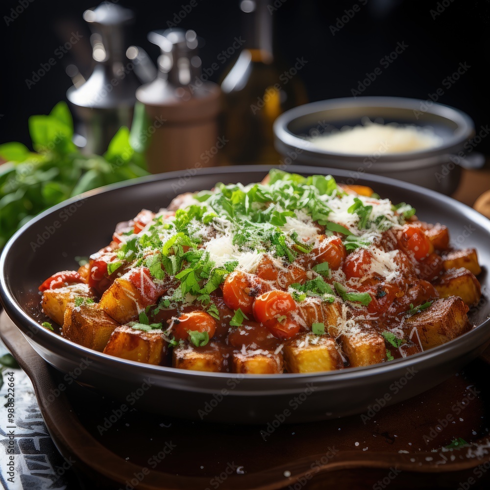 Fototapeta premium Delicious Gnocchi al Pomodoro with Fresh Basil and Tomato Sauce in a 45-Degree View