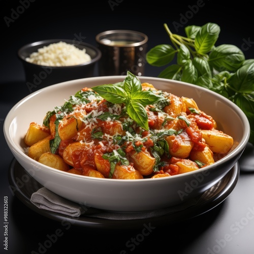 Delicious Gnocchi al Pomodoro with Fresh Basil and Tomato Sauce in a 45-Degree View