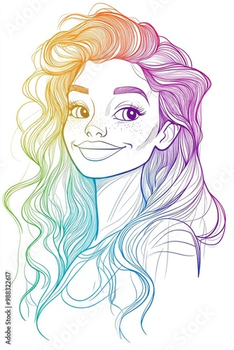 Line art illustration featuring a cool gradient drawing of a cartoon woman with a joyful expression