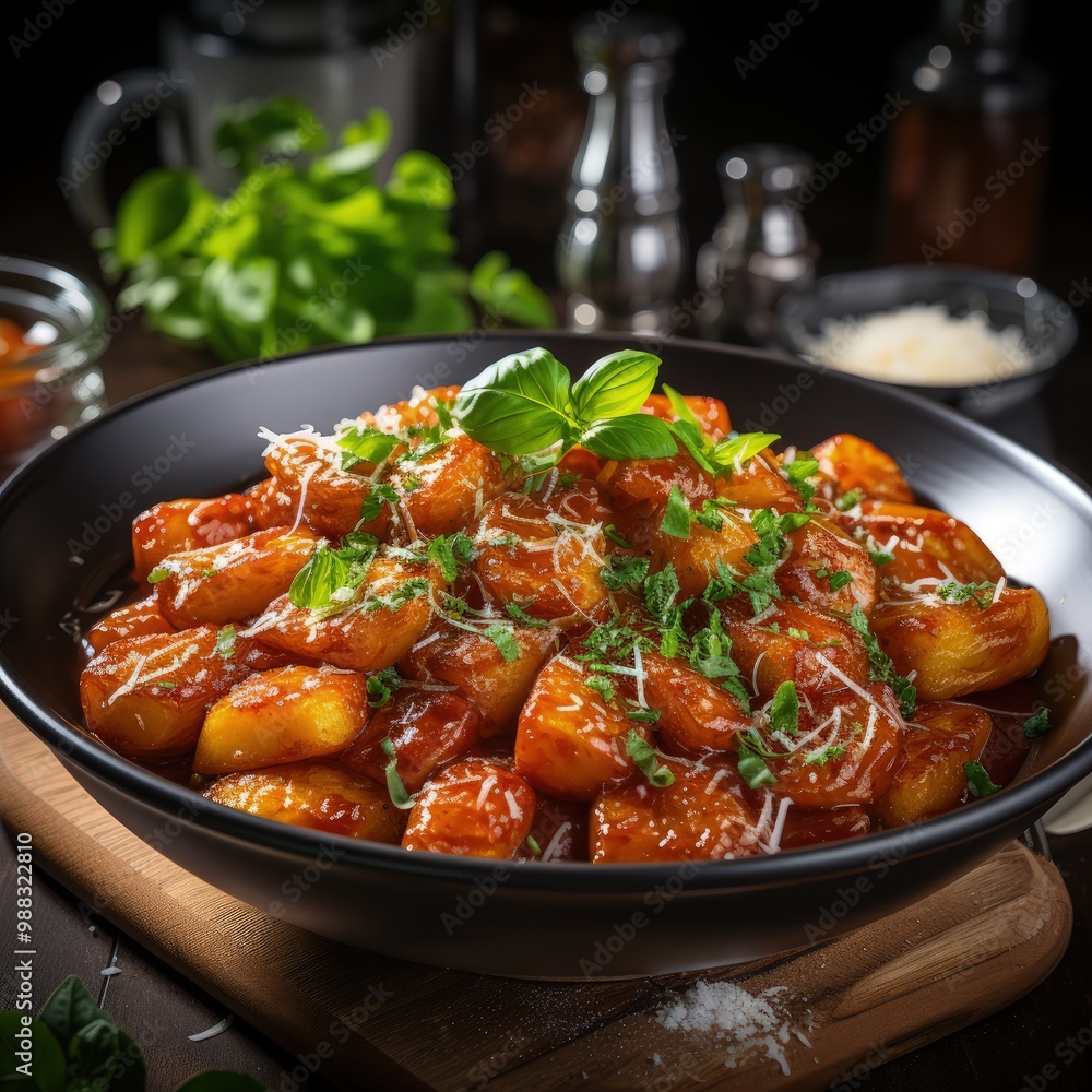Delicious Gnocchi al Pomodoro with Fresh Basil and Tomato Sauce in a 45-Degree View Delicious Gnocchi al Pomodoro with Fresh Basil and Tomato Sauce in a 45-Degree View