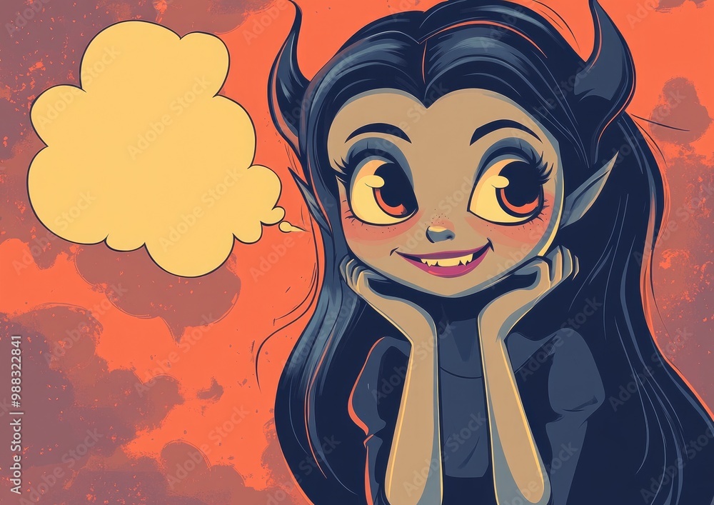 Cartoon illustration of a cheerful vampire girl featuring a thought bubble Cartoon illustration of a cheerful vampire girl featuring a thought bubble