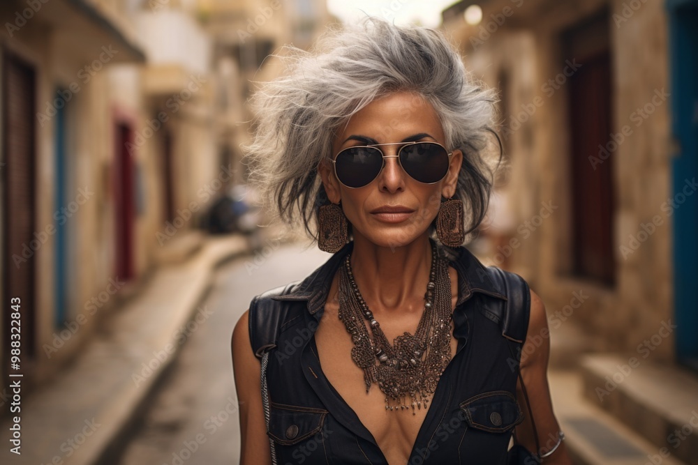 A woman with a short haircut and sunglasses is walking down a street A woman with a short haircut and sunglasses is walking down a street