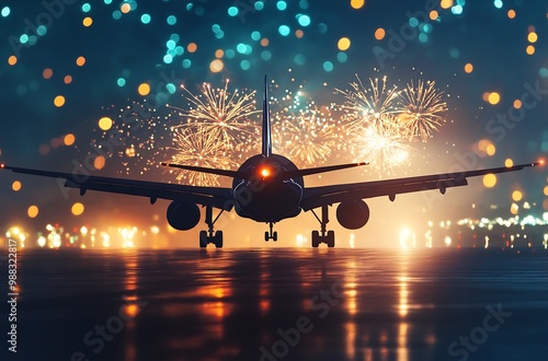 A silhouette of an airplane on a runway with a fireworks display in the background.