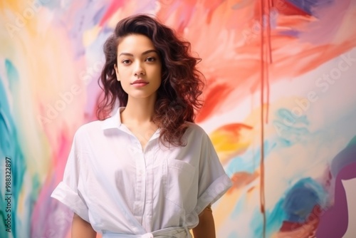 A woman in a white shirt stands in front of a colorful painting