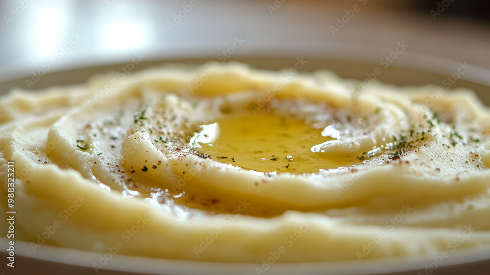 Close-up of mashed potatoes with butter and seasoning. Close-up of mashed potatoes with butter and seasoning.