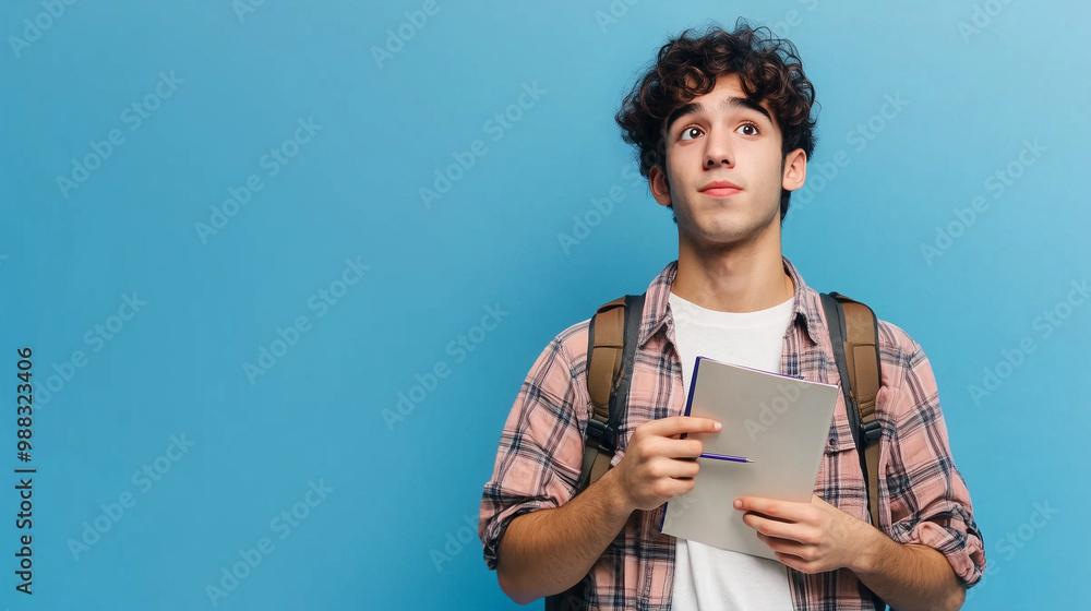 Front view of male student wearing backpack holding copybook and pen thinking on blue wall
Front view of male student wearing backpack holding copybook and pen thinking on blue wall
