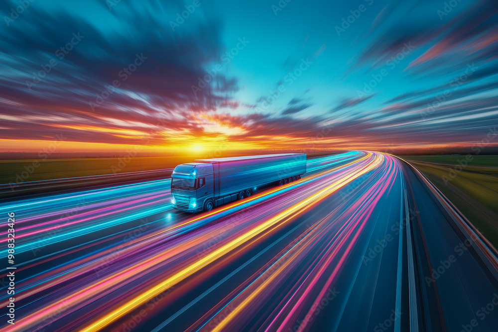 Powerful truck driving at dawn on an empty highway with green fields and a golden sky Powerful truck driving at dawn on an empty highway with green fields and a golden sky
