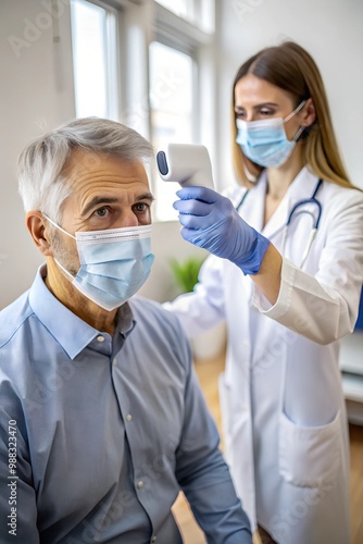 Doctor checks temperature with a non-contact infrared thermometer in people who came for vaccination.