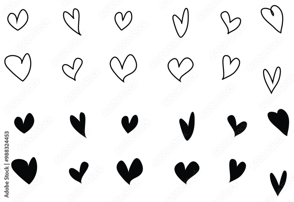 flat set of heart symbols in editable stroke and fill version, heart pattern, heart background. flat set of heart symbols in editable stroke and fill version, heart pattern, heart background.