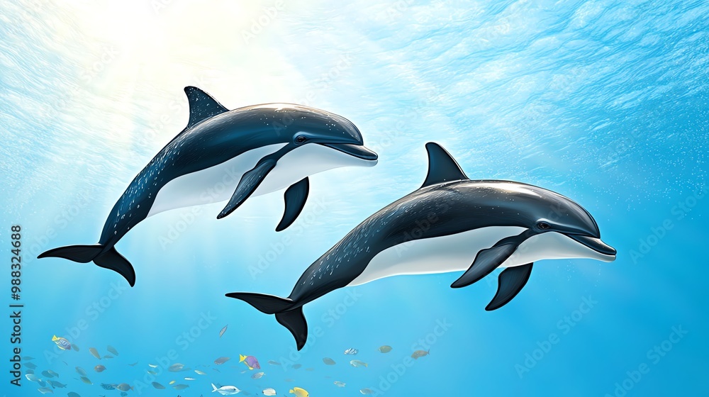 A mother and calf dusky dolphin swimming side by side, their smooth bodies darting through the water as colorful fish swim below. A mother and calf dusky dolphin swimming side by side, their smooth bodies darting through the water as colorful fish swim below.
