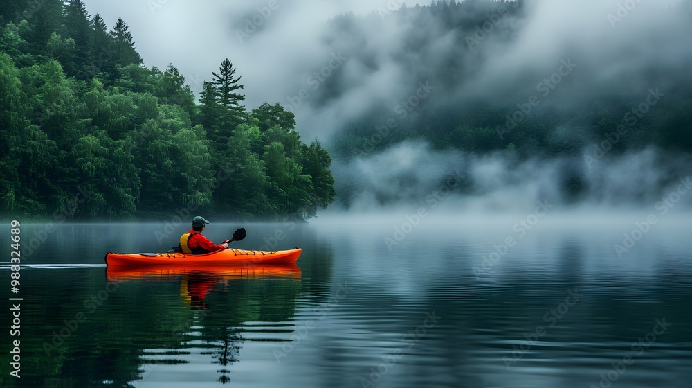 Fototapeta premium A tranquil Sunday morning by the lake, mist rising from the water as a person peacefully kayaks through the calm waters, embodying the harmony of nature and quiet reflection. 