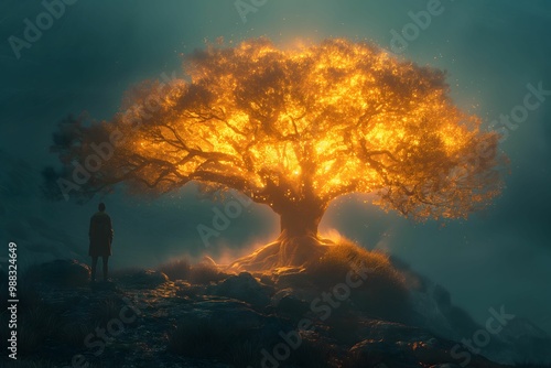 Biblical illustration, Moses saw a burning bush but was not consumed by fire on Mount Horeb photo