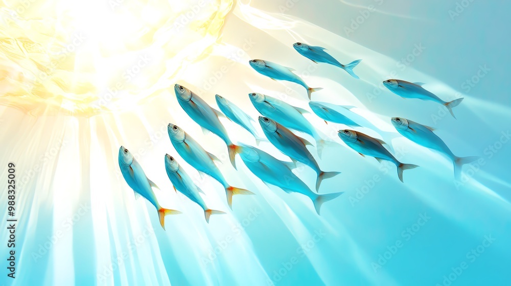Obraz premium A school of silver fish swimming in perfect harmony, creating hypnotic patterns in the water, with soft rays of light filtering through.