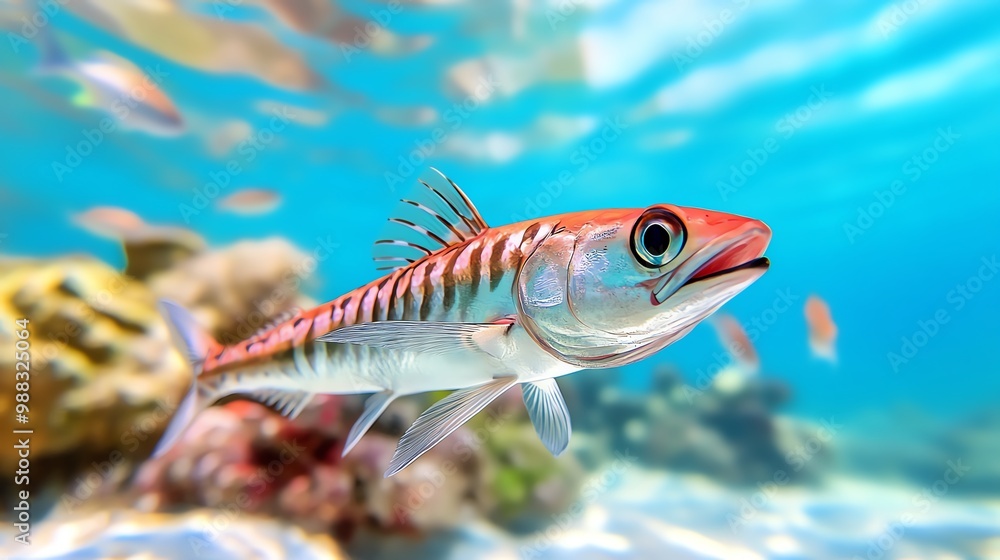 Fototapeta premium A stunning underwater shot of a barracuda swimming among other fish, the clear water revealing vibrant coral and marine life below.