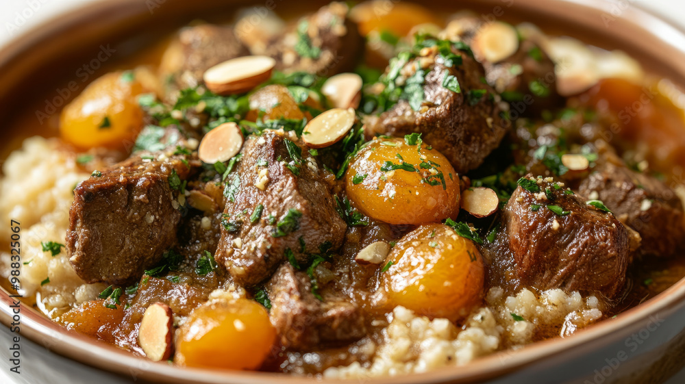 Moroccan beef stew with couscous and herbs in a bowl. Moroccan beef stew with couscous and herbs in a bowl.