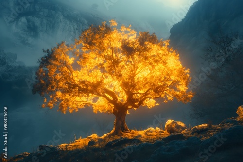 Biblical illustration, Moses saw a burning bush but was not consumed by fire on Mount Horeb photo