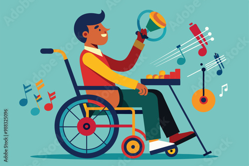 A joyful musician in a wheelchair plays various instruments, surrounded by cheerful music notes and a bright, colorful background.