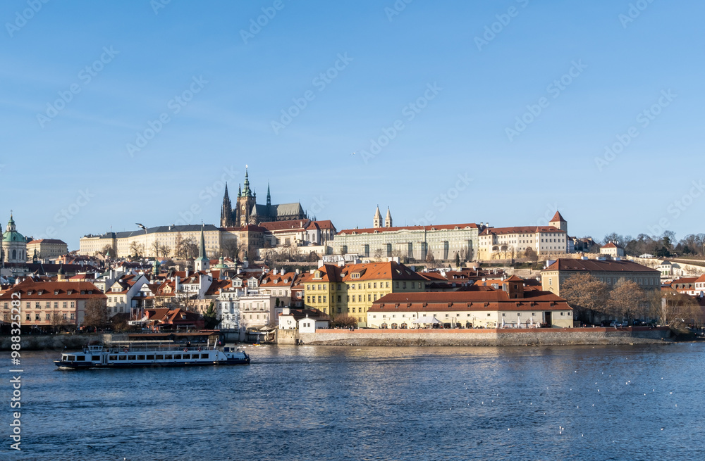 Large panoramic view of medieval Prague Castle from the embankment of the Vltava River. Prague Large panoramic view of medieval Prague Castle from the embankment of the Vltava River. Prague