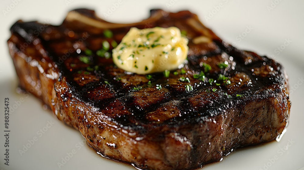 Grilled ribeye steak with a pat of butter and herbs. Grilled ribeye steak with a pat of butter and herbs.