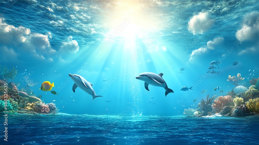 Fototapeta premium An ocean ecosystem with dolphins hunting in packs, schools of fish swimming in harmony, and sharks patrolling the deep waters, highlighting the balance of marine life.