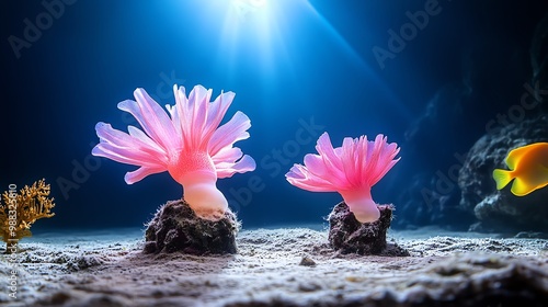 An underwater volcanic ecosystem with heat vents supporting a unique marine life system, colorful fish and crustaceans thriving in the geothermal warmth..--ar 16:9 photo