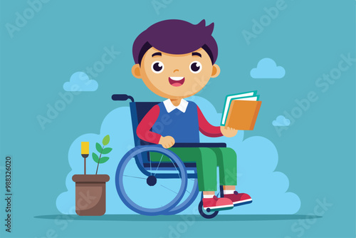 A cheerful disabled student in a wheelchair is reading books while surrounded by plants, depicting a joyful learning environment at home.