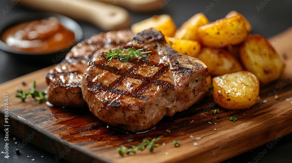 Grilled pork chops served with a side of apple sauce and roasted potatoes, offering a classic barbecue dish with savory and sweet flavors.
Grilled pork chops served with a side of apple sauce and roasted potatoes, offering a classic barbecue dish with savory and sweet flavors.