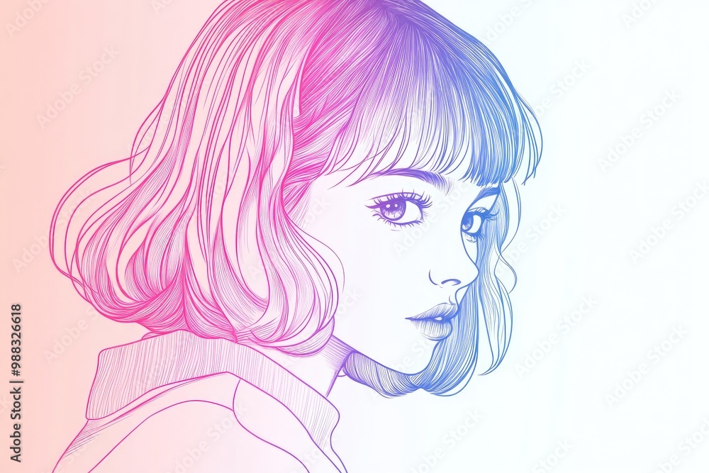 Line art illustration featuring a cold gradient drawing of an adorable cartoon girl with a trendy haircut Line art illustration featuring a cold gradient drawing of an adorable cartoon girl with a trendy haircut