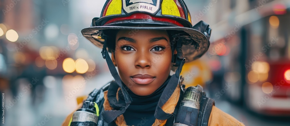 Portrait of a Confident Female Firefighter in Full Gear on a Busy City Street Portrait of a Confident Female Firefighter in Full Gear on a Busy City Street