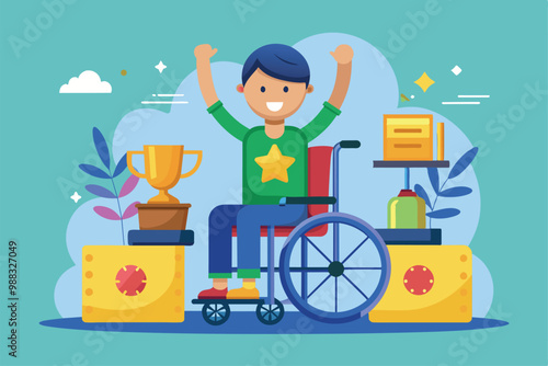 A joyful disabled child in a wheelchair celebrates a win, raising their arms cheerfully amidst colorful decorations and symbols of achievement.