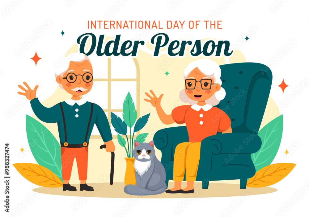 Fototapeta premium International Day of Older Persons Vector Illustration featuring an Elderly Man and Woman Celebrating in a Flat Style Cartoon Background