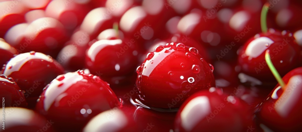 Close-Up of Fresh Red Cherries with Water Droplets in a Shiny and Juicy Display Close-Up of Fresh Red Cherries with Water Droplets in a Shiny and Juicy Display