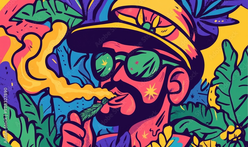 Line art illustration of a cartoon character enjoying a cannabis experience Line art illustration of a cartoon character enjoying a cannabis experience