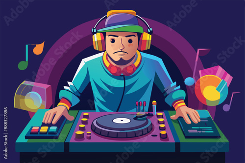 A skilled disc jockey is energetically mixing music with turntables, surrounded by colorful sound elements, at a bustling nightclub venue.
