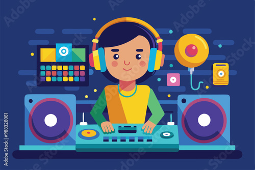 A skilled disc jockey uses equipment to mix tracks while colorful lights illuminate a lively club atmosphere.