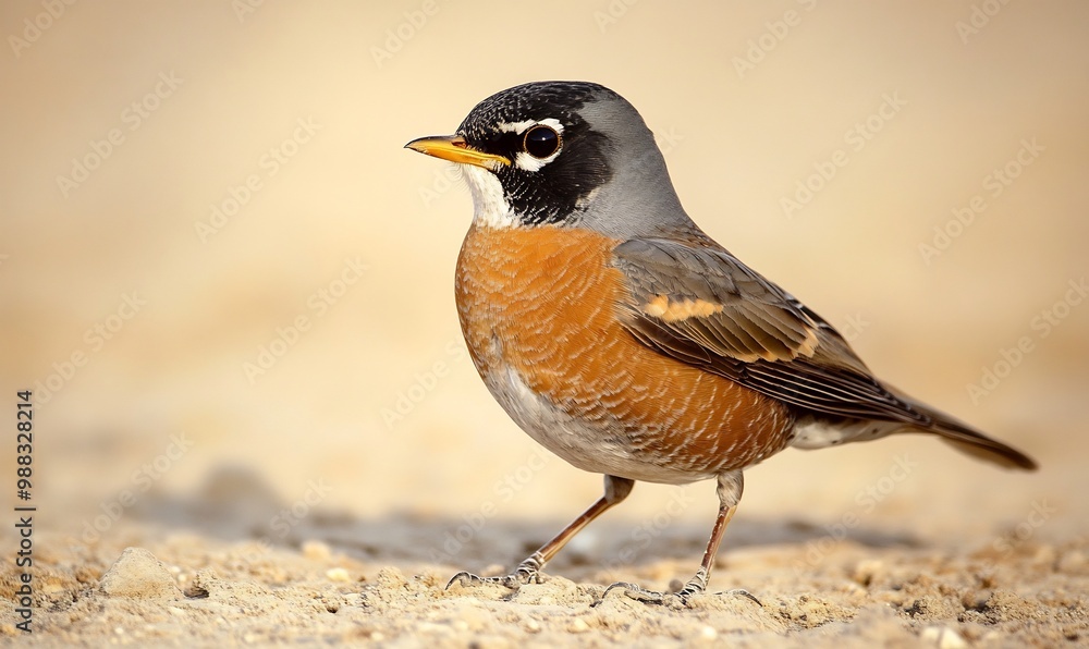 Fototapeta premium A small, brown and grey bird with a bright orange breast stands on a sandy ground with a blurred background.