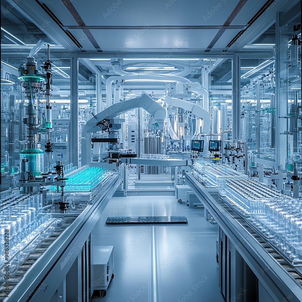 Fototapeta premium Futuristic laboratory with advanced robotic arms and illuminated glass equipment, showcasing modern technology and precision.