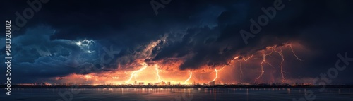 Dramatic Thunderstorm Over City Skyline with Intense Lightning Strikes and Dark Storm Clouds at Sunset