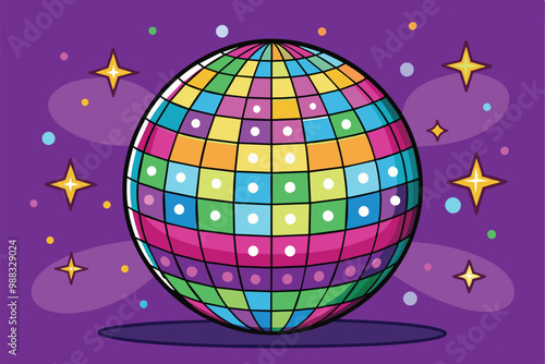 A vibrant cartoon disco ball with multicolored squares shines brightly, accompanied by colorful sparkles on a rich purple backdrop.