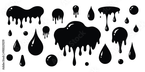 Black Silhouette Liquid, Paint, Oil Droplets Vector Set – Drips and Splashes on White