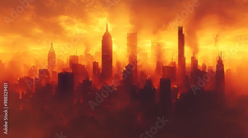 City skyline transformed for Halloween bathed in orange and yellow hues with ghostly shadows