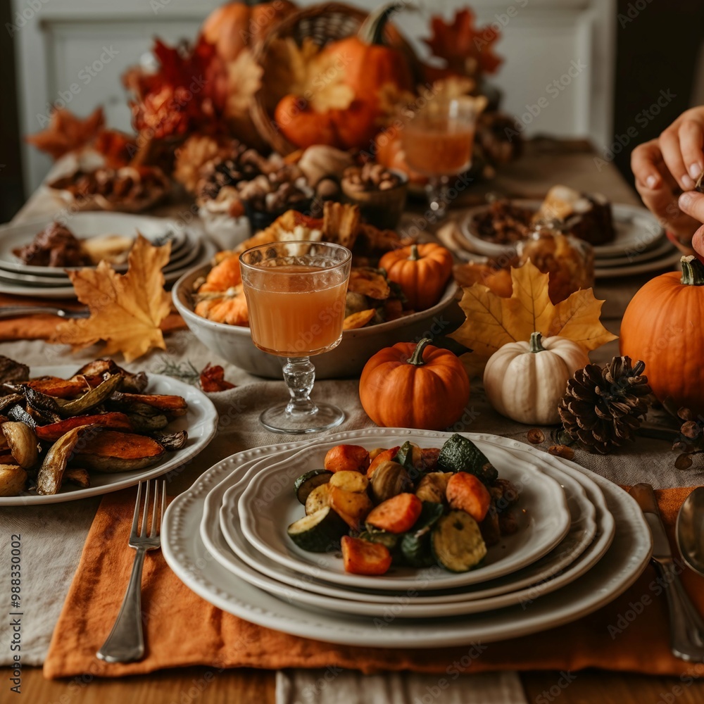 Autumn table with pumpkins, roasted vegetables, and seasonal decor Autumn table with pumpkins, roasted vegetables, and seasonal decor