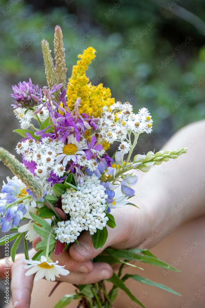 A boy holding a colorful bouquet of wildflowers in his hand A boy holding a colorful bouquet of wildflowers in his hand