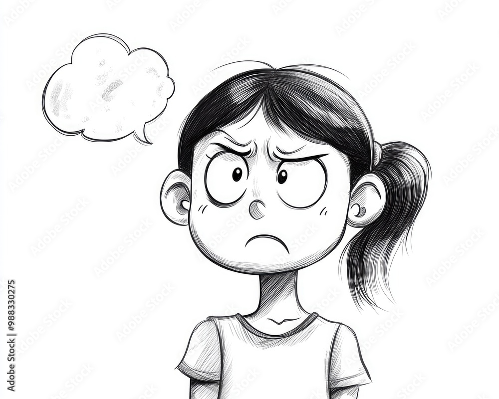 Line art illustration featuring a cartoon girl expressing annoyance complete with a speech bubble Line art illustration featuring a cartoon girl expressing annoyance complete with a speech bubble