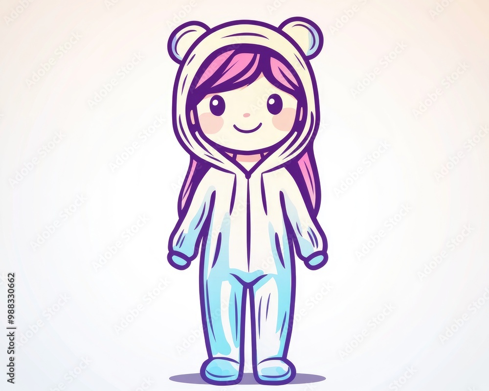 Line art illustration of a cheerful cartoon girl wearing a onesie in a cool gradient color scheme Line art illustration of a cheerful cartoon girl wearing a onesie in a cool gradient color scheme