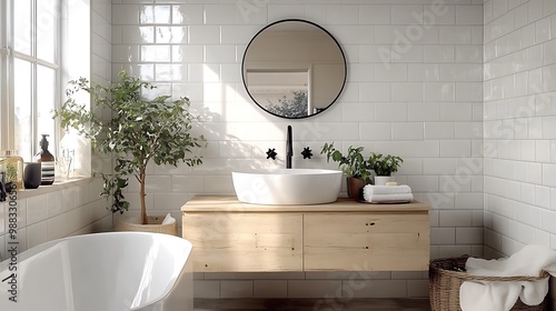 A serene Scandinavian bathroom featuring white subway tiles, a wooden floating vanity, and minimalist black fixtures. The soft natural light complements the clean, modern aesthetic,