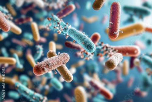 Microscopic view of bacteria and microbes in 3D illustration